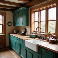 Rustic kitchen illustration featuring green cabinets white sink and wooden countertop photo