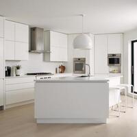 Modern contemporary kitchen scene showcasing white and cream materials in a 3D render photo