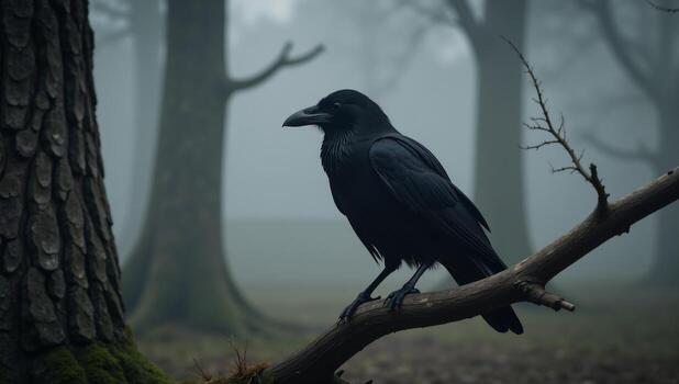 A raven perches ominously in a misty forest photo