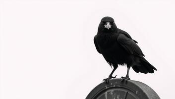 Creepy crow sitting atop a grave marker against a plain white backdrop photo