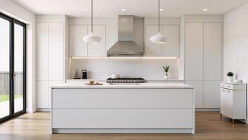 Modern contemporary kitchen scene showcasing white and cream materials in a 3D render photo