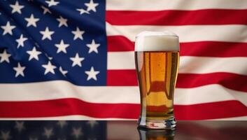 A beer in hand with a stylized US state flag as the backdrop photo