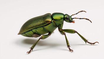 Closeup illustration depicts a green June beetle against a plain backdrop photo