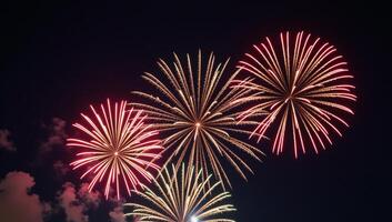 Night sky showcases a vibrant Fourth of July firework display over a bustling cityscape backdrop photo
