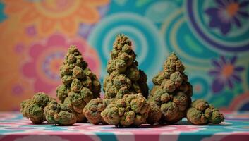 Colorful abstract backdrop showcasing cannabis plants photo