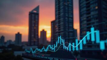 Line graph overlapping cityscape silhouette Financerelated photo