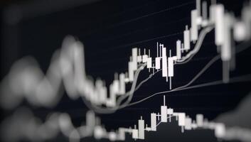 Widescreen abstract financial chart depicting uptrend with candlesticks against blackwhite backdrop Business Stock photo