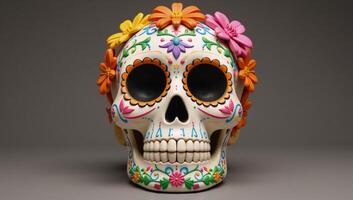 Traditional sugar skull decorated with flowers for Day of the Dead rendered as a detailed 3D illustration photo