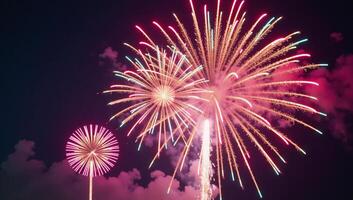 A retrostyle firework show featuring vibrant glowing neon colors against a backdrop of futuristic neon lights photo
