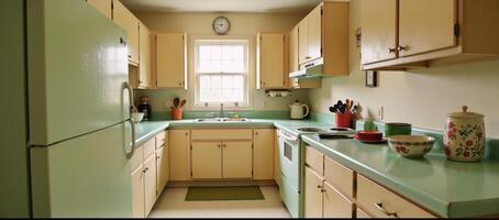 A nostalgic depiction of an iconic 80sstyle kitchen interior photo