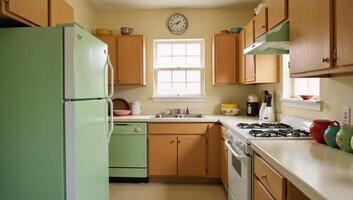 A nostalgic depiction of an iconic 80sstyle kitchen interior photo