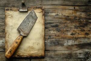 A knife on a wooden board with a piece of paper photo