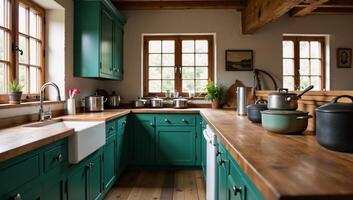 Rustic kitchen illustration featuring green cabinets white sink and wooden countertop photo