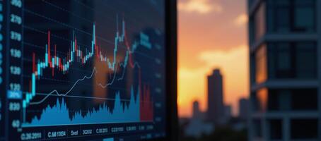 Line graph overlapping cityscape silhouette Financerelated photo