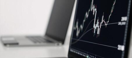 Widescreen abstract financial chart depicting uptrend with candlesticks against blackwhite backdrop Business Stock photo