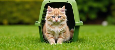 Adorable kitten in pet carrier amidst healthy grassy environment promoting animal care and disease prevention photo