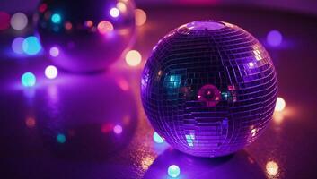 A glittering purple disco ball surrounded by colorful disco lights photo