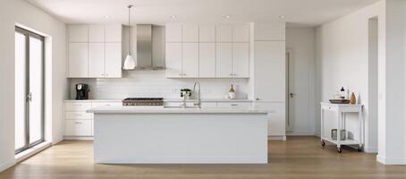 Modern contemporary kitchen scene showcasing white and cream materials in a 3D render photo