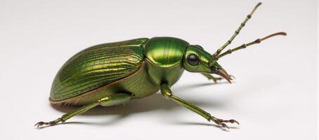 Closeup illustration depicts a green June beetle against a plain backdrop photo