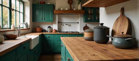 Rustic kitchen illustration featuring green cabinets white sink and wooden countertop photo