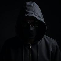 Dramatic portrait of a shadowyhooded bank robber on a dark backdrop photo