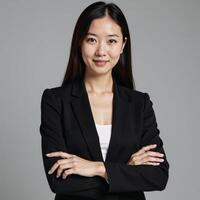 Portrait of an assertive Asian woman in a black blazer gazing straight into the camera photo