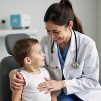 A compassionate pediatrician comforting a young patient during routine checkup photo