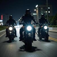 Three sinister riders on motorcycles under a foreboding night sky exuding an air of mystery and danger photo
