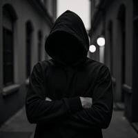 A Matrixinspired digital illustration showcases a hooded hackers silhouette with patterned detailing photo