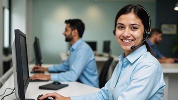 Closeup portrait of an Indian Customer Service Rep in office wearing a headset symbolizing support services photo