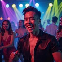 Young man dancing joyfully at a glowing neonlit disco party photo