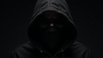 Dramatic portrait of a shadowyhooded bank robber on a dark backdrop photo