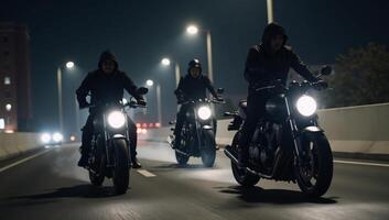 Three sinister riders on motorcycles under a foreboding night sky exuding an air of mystery and danger photo