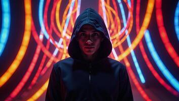 A mystical hooded figure amidst vibrant abstract light trails encapsulating contemporary digital culture photo