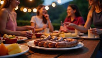 Vibrant Summer Barbecue Scene Grilling Sausages Festive Lights Flags Joyful Atmosphere Perfect for Friendly Gatherings photo