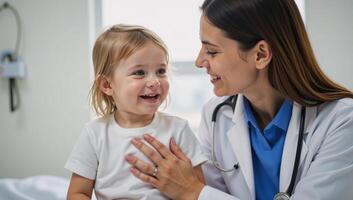 A compassionate pediatrician comforting a young patient during routine checkup photo
