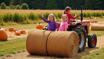 A whimsical scene showcasing children enjoying a joyful hayride among vibrant pumpkins photo