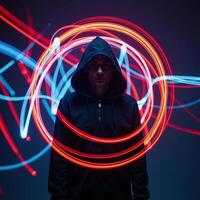 A mystical hooded figure amidst vibrant abstract light trails encapsulating contemporary digital culture photo
