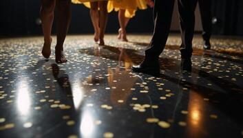 A luxuriant black dance floor sparkles with golden confetti photo