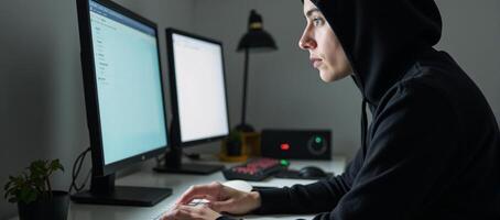 A digital illustration portraying a mysterious hacker at work surrounded by intricate details like glowing screens code snippets and cables photo