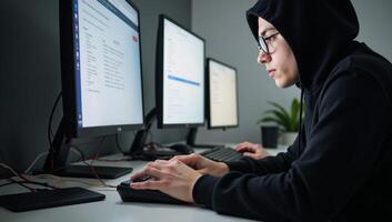 A digital illustration portraying a mysterious hacker at work surrounded by intricate details like glowing screens code snippets and cables photo