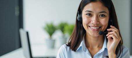 Closeup portrait of an Indian Customer Service Rep in office wearing a headset symbolizing support services photo