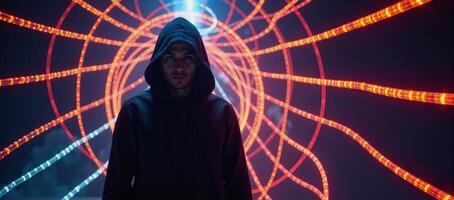 A mystical hooded figure amidst vibrant abstract light trails encapsulating contemporary digital culture photo