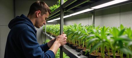 Illustration Young man caring for hemp seedlings within a lit greenhouse photo