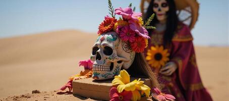 A vibrant Dia de Los Muertos or Cinco de Mayo celebration features La Llorona and La Santa Muerte along with a floweradorned Mexican skull at an altar within a sunny sandy desert setting photo