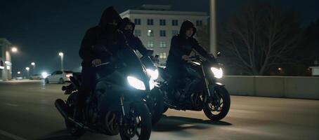 Three sinister riders on motorcycles under a foreboding night sky exuding an air of mystery and danger photo