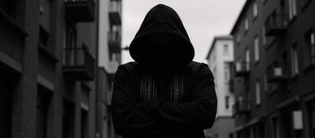 A Matrixinspired digital illustration showcases a hooded hackers silhouette with patterned detailing photo