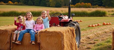 A whimsical scene showcasing children enjoying a joyful hayride among vibrant pumpkins photo