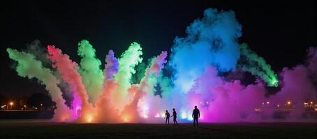 Vivid light show featuring colored smoke against a dark backdrop at night photo
