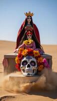 A vibrant Dia de Los Muertos or Cinco de Mayo celebration features La Llorona and La Santa Muerte along with a floweradorned Mexican skull at an altar within a sunny sandy desert setting photo